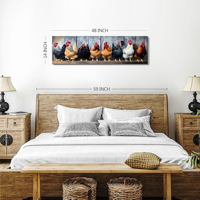 Country Chicken Wall Art Rooster Kitchen Wall Decor Rustic Farmhouse Coop Picture Canvas Prints for Dining Room Decorations Colorful Farm Animal Poster Painting Artwork Cabin Home Decor 14x48”