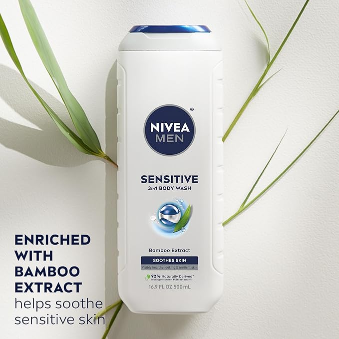 NIVEA MEN Sensitive Body Wash with Bamboo Extract, Moisturizing Body Wash for Sensitive Skin, Soap Free Shower Gel for Men with No Drying Alcohol, 16.9 Fl Oz Bottle, Pack of 3