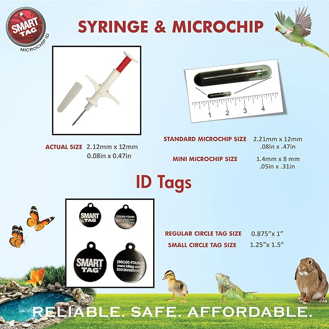 Mini ISO Data Microchip with Lifetime Pet Recovery Service/24-7 US Call Center/Free Registration, Implanter & Metal ID Tag for Dogs, Cats & All Animals, 15 Gauge/25 Pack