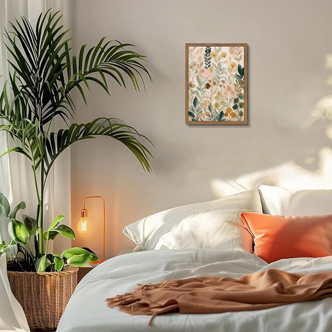 Framed Boho Floral Wall Art, Neutral Botanical Wildflower Canvas Wall Decor Painting, Vintage Flower Poster Print Picture for Living Room Bathroom Bedroom 16x24 Inch