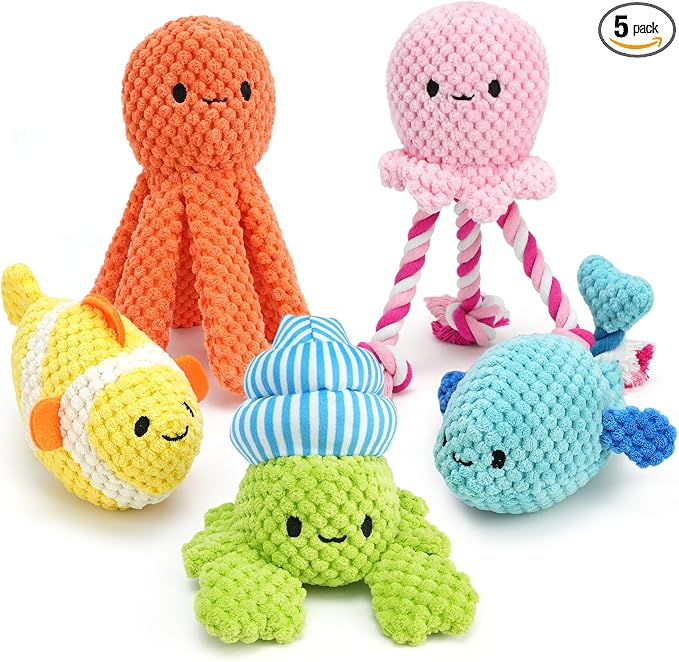 PrimePets 5 Pack Squeaky Dog Toys, Plush Crinkle Dog Toys for Small Medium Dogs, Stuffed Tough Puppy Chew Toy to Keep Them Busy, Interactive Pet Toy