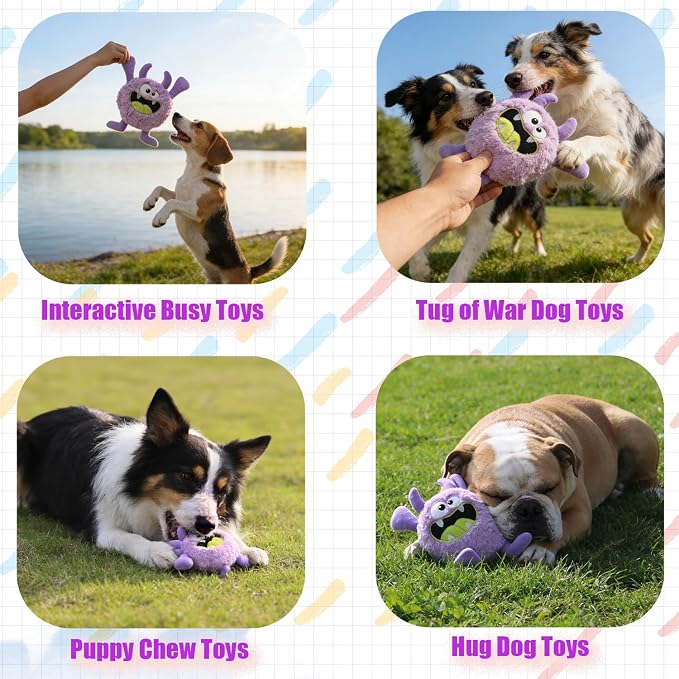Monster Stuffed Squeaky Dog Toy, Crinkle Dog Plush Toy, Purple | Soft Lightweight Toy for Fetch and Chew, Interactive Outdoor Indoor Play for Tug, Birthday Gift, For Puppy Small Medium Dog