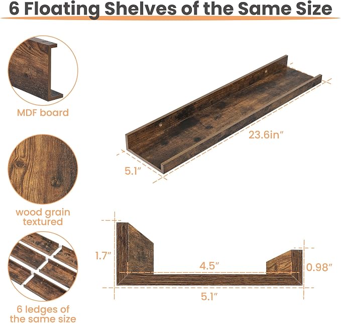 upsimples Floating Shelves for Wall Decor and Storage, Brown, 6Pcs 23.6'' | Wall Mounted Wood Shelves for Living Room, Bedroom, Bathroom, Kitchen, Office, Nursery Room, Coffee Bar Display and Organize