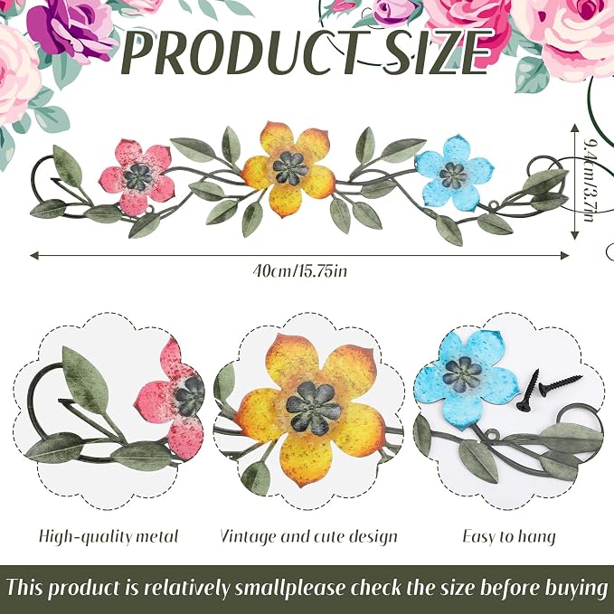 Wesiti Metal Flower Wall Decor Vintage Metal Flower Wrought Iron Scroll Sculpture 15.7''x3.7'' Not 3D, Flat Farmhouse Leaf Wall Decor with Nails for Summer Bedroom Kitchen Indoor Outdoor(Bright Color)