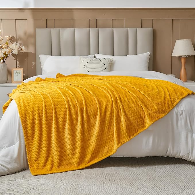NEWCOSPLAY Fleece Leaves Pattern Throw Blanket, Mustard Yellow, 50"x60" | Super Soft Throw Blanket, Lightweight Cozy Bed Sofa Blanket, Premium Silky Flannel Fleece, Travel Blanket for All Season Use