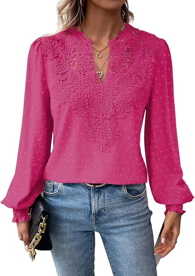 Womens Tops Swiss Dot Boho Long Sleeve Shirts V Neck Casual Chiffon Blouses Flowy Lace Hem Cute Clothing Trendy 2026