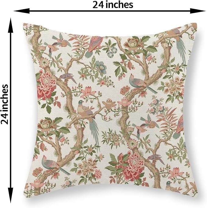 Chinoiserie Pillow Covers 24x24 Set of 2 Pink Green Bird Floral Throw Pillows Vintage Pink Flower Bird Decorative Pillow Cases Outdoor Chinoiserie Decor Farmhouse Cushion Case for Couch Sofa
