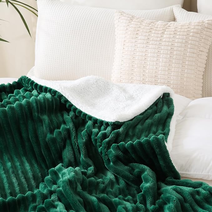 Green Sherpa Fleece Throw Blanket 108”×90”for Couch Sofa | Double Side Soft Fuzzy Cozy Plush Thick Flannel Blanket with Striped Design Gift for Adults,Woman
