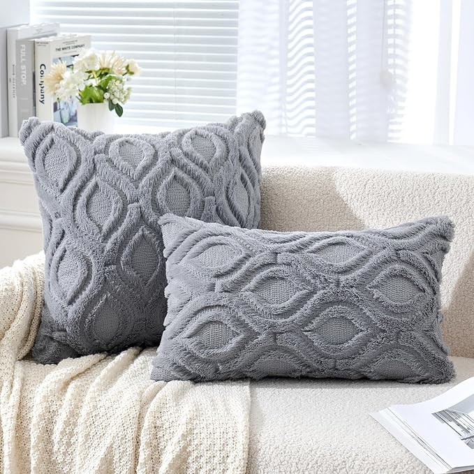 MIULEE Grey Blue Throw Pillow Covers 16x16 Inch, Soft Winter Plush Faux Wool Couch Pillow Covers Set of 2 Decorative Farmhouse Boho Throw Pillows for Sofa Living Room Bed | Set of 2, Farmhouse Boho Home Decor, Decorative Cushion Covers for Sofa, Living...
