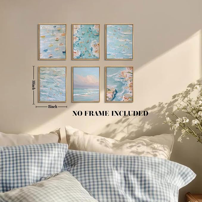Coastal Beach Canvas Wall Art Set of 6, Abstract Ocean Sailing Boats and Surfboard Posters Wall Decor, Aesthetic Seaside Landscape Artwork Posters Prints for Living Room Bedroom 8x10 Inch Unframed