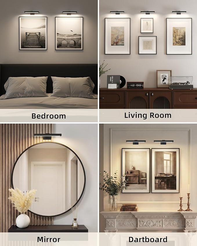 EZVALO Picture Light for Wall, Rechargeable 2400mAh Lights Wireless with IR Remote, 3 Color & Dimmable Magnetic 7.87'' LED Lights Display for Painting, Living Room, Gallery, Bedroom Art(Black-2P)