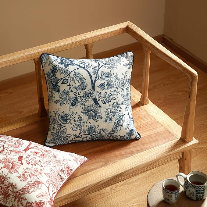 Designer Linen Square Throw Pillow Cover,Set of 2,18"x18"-Ruyi B | Vintage French Elegant Pillow Cover,Concealed Zipper Design,Blue Floral Pattern,Sofa,Bedroom,Living Room,Lounge Chairs