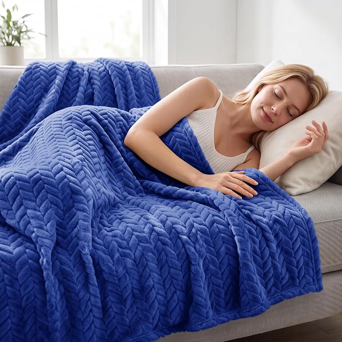 Exclusivo Mezcla Fleece Throw Blanket for Couch Sofa, 50”x70”, Cobalt Blue | Oversized Soft Cozy Fluffy Blankets for Summer, Decorative Plush Flannel Throws for Living room, Bedroom with Leaves Pattern