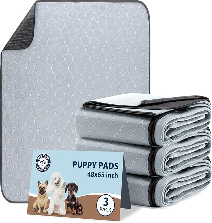 Washable Pee Pads for Dogs, Reusable Puppy Pads 48x65, 3 Pack, White Grey | Reusable, Fast Absorbent, Waterproof, Non-Slip, For Whelping, Training, Incontinence & Potty, For Dog Playpen, Crate, Car