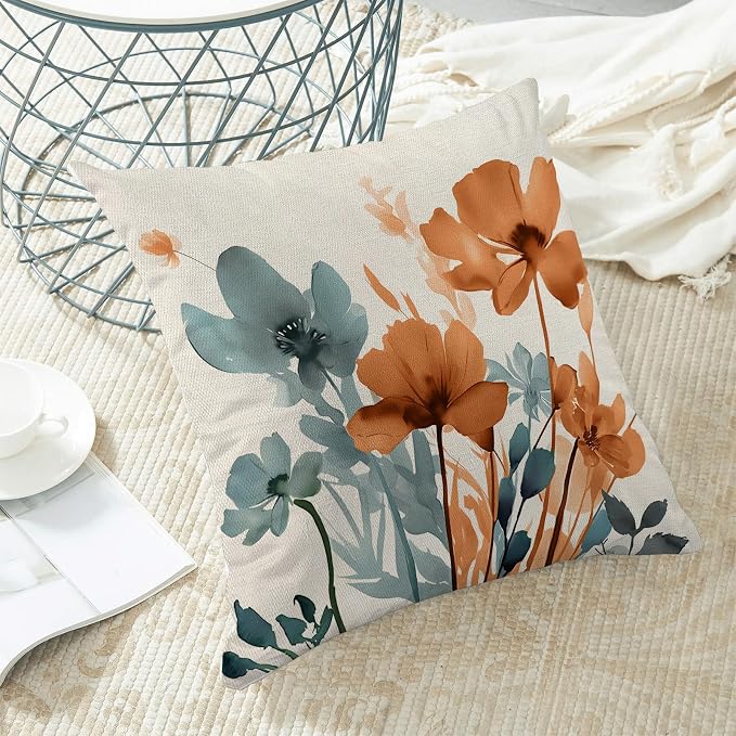 Floral Pillow Covers 18x18 Inches Set of 2 Blue Orange Floral Throw Pillow Cover Outdoor Decor Rustic Orange Flower Decoration Pillowcase Farmhouse Decorative Linen Cushion Cover For Sofa Couch