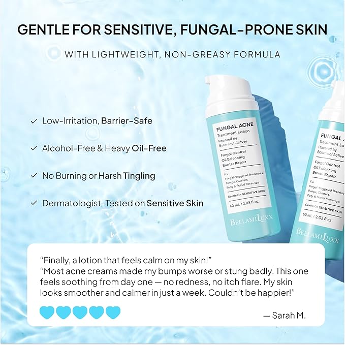 BellamiLuxx Fungal Acne Treatment Lotion: Helps with Bumps, Clusters, Itch & Redness – Lightweight Anti-Fungal Face & Body Moisturizer for Fungal Skin with Natural Actives & Soothing Plant Extracts