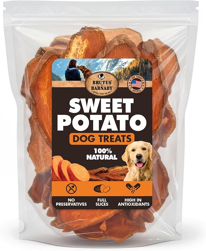 BRUTUS & BARNABY Dried Sweet Potato Dog Treats & Chews, Full Slices, 2 lb | Single ingredient, healthy, hypoallergenic; gentle on sensitive stomachs. Made in USA, thick cut for large breeds