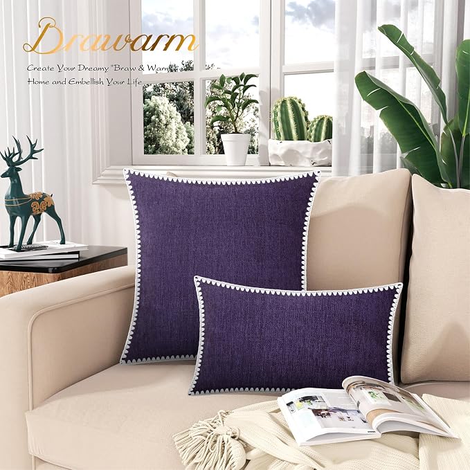 BRAWARM Chenille Throw Pillow Covers 20x20 Inches, Purple, 2 Pack | Decorative Pillow Covers with Shell Edge, Soft Cushion Cases for Sofa Bed Living Room Home Farmhouse (No Insert)