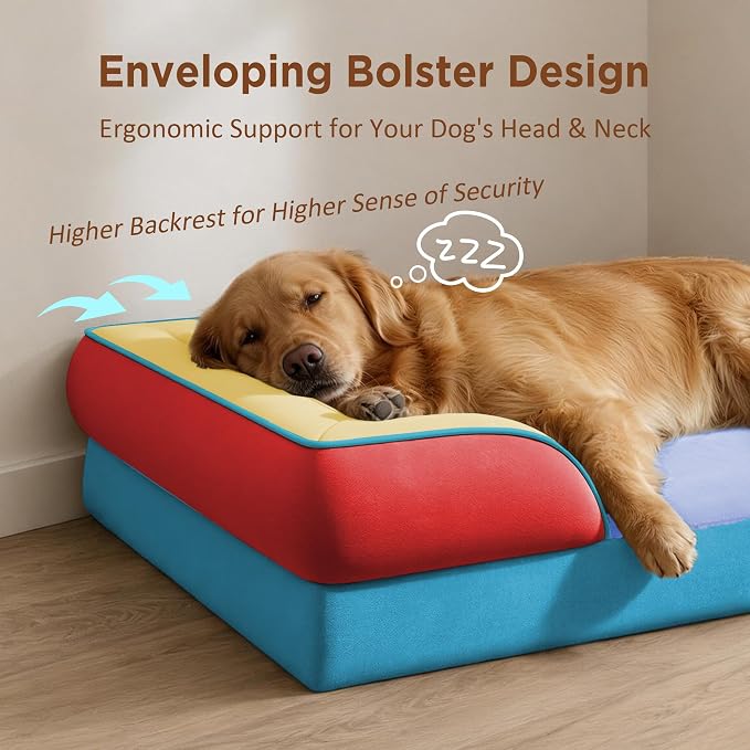 Comfort Expression Orthopedic Dog Bed for Extra Large Dogs with Bolster | Waterproof Dog Couch Bed with Washable Cover & Non-Slip Bottom, Supportive Egg Crate Foam XL Pet Bed, 45x35 Inch