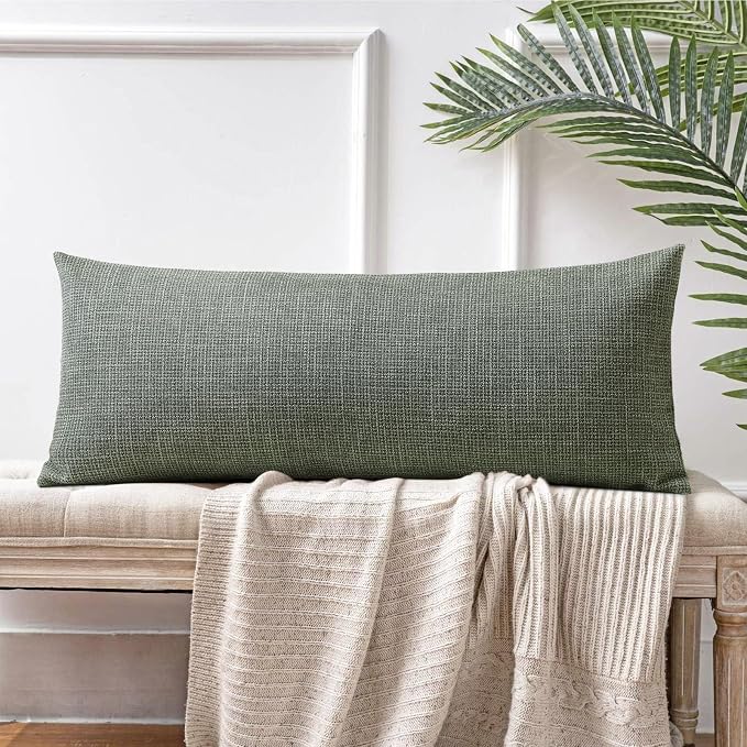 OTOSTAR Linen Throw Pillow Cover Set of 1 Decorative Long Lumbar Pillowcase Rectangle Cushion Cover 14x36 Inch for Home Decor Sofa Bedroom Car 35 x 90CM Olive Green