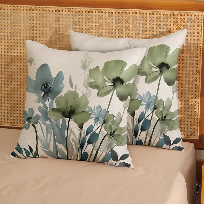 Floral Pillow Covers 20x20 Inches Set of 2 Sage Green Blue Floral Throw Pillow Covers Outdoor Rustic Spring Summer Flower Decoration Pillowcase Farmhouse Decorative Cushion Cover For Home Sofa