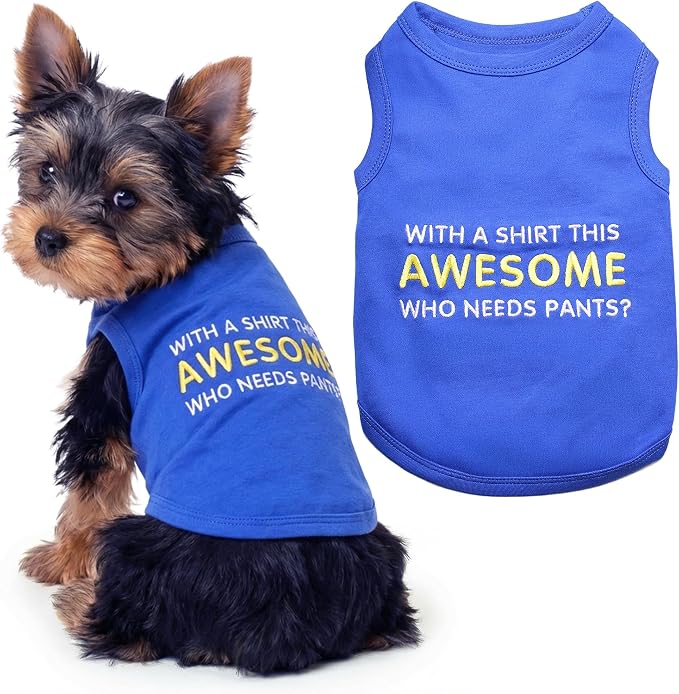 Parisian Pet Dog T-Shirt - Embroidered “ Awesome “ Dog Shirt - Pure Cotton and Lightweight Pet Clothes - Blue Sleeveless Pet Tee Shirts - Cute Puppy Clothes - Shirts for Small Dogs Boy - XS