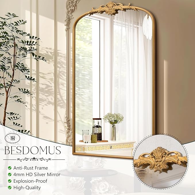 Besdomus Vintage Large Wall Mirror: 24"x42" French Arch Gold Vanity Mirrors | Antique Metal Framed Decorative - Baroque Traditional Ornate for Hallway/Bathroom/Fireplace - Ideal for Bathroom Renovations