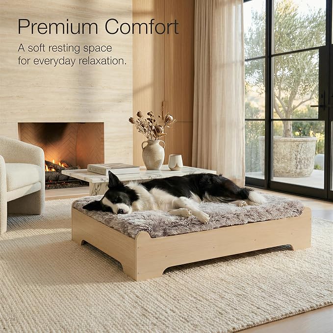 Elevated Wood Dog Bed Frame with Foam Mattress, WoodPattern, L | Raised Dog Bed with Washable Cover, Furniture-Style Design for Indoor Living