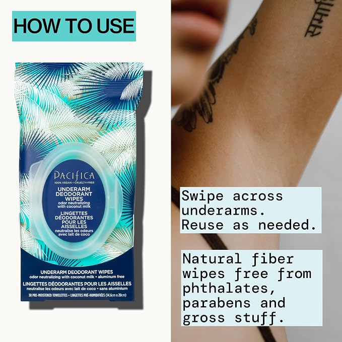 Pacifica Beauty Coconut Milk & Essential Oils Underarm Deodorant Wipes, Helps Remove Odor, Aluminum-Free, Vegan & Cruelty-Free, 30 Wipes (2-Pack)