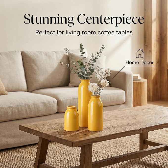 3Pcs Yellow Ceramic Vases, Decorative Vases for Modern Farmhouse | Neutral Pottery Decor for Table Mantel Entryway Bookshelf Living Room