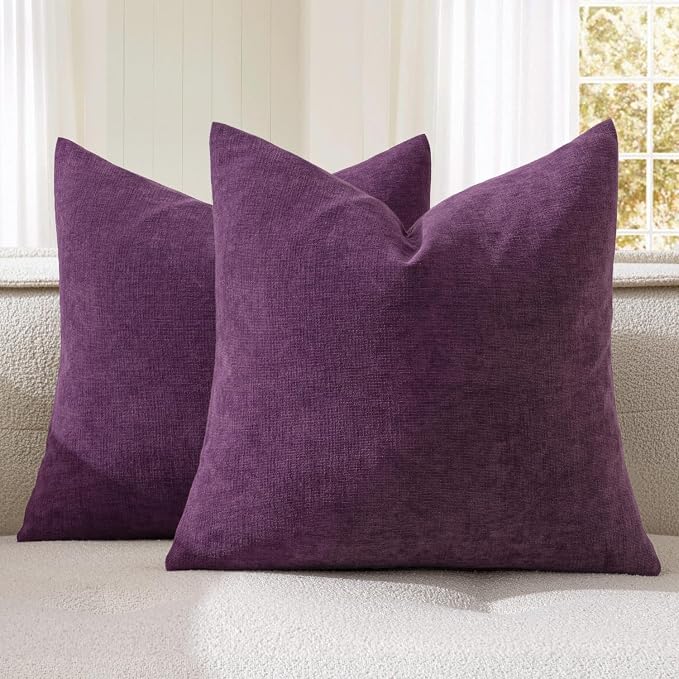MIULEE Plum Purple Chenille Couch Throw Pillow Covers, 20x20 | Set of 2, Soft Farmhouse Modern Home Decor, Decorative Pillowcases for Sofa Living Room Bed