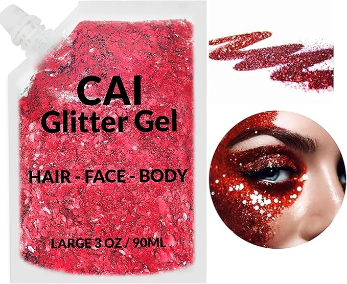 Face, Body & Hair Glitter Gel – Halloween Glitter for Kids and Women – 3 Oz Cosmetic-Grade Gel w/Moon & Stars for Festivals & Halloween Party, Easy Apply & Wash Off - Red 1Pack