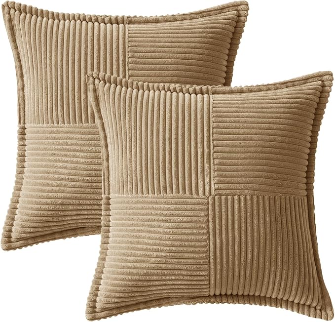 MIULEE Decorative Throw Pillow Covers for Couch 12x12 Inch Khaki 2 Pack | Boho Broadside Striped Patchwork Pillow Covers, Soft Corduroy Cushion Cases, For Sofa Bed Livingroom Home Decor