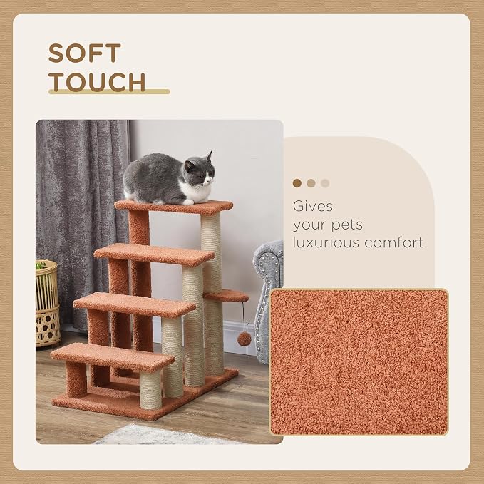 PawHut 4 Levels Cat Steps, Pet Stairs Carpeted Ladder, Kitten Tree Climber with Scratching Posts, Hanging Play Ball, Side Step, for High Bed, Sofa, Brown | Kitten Tree Climber, Scratching Posts, Hanging Play Ball, Side Step, for Sofa