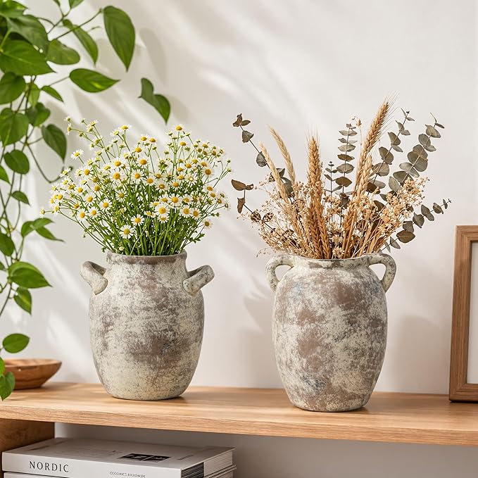 DREAMLOOM 7.2 Inch Ceramic Flower Vase, Terracotta | Double Handles, Farmhouse Vintage, Pottery, Home Decor, Living Room Dining Table Wedding Centerpieces