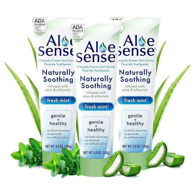 AloeSense Naturally Soothing Toothpaste for Sensitive Teeth and Gum Care with Aloe Vera, Allantoin & Fresh Mint Flavor, Gentle & Natural, ADA Approved (5-oz, 3 Count)