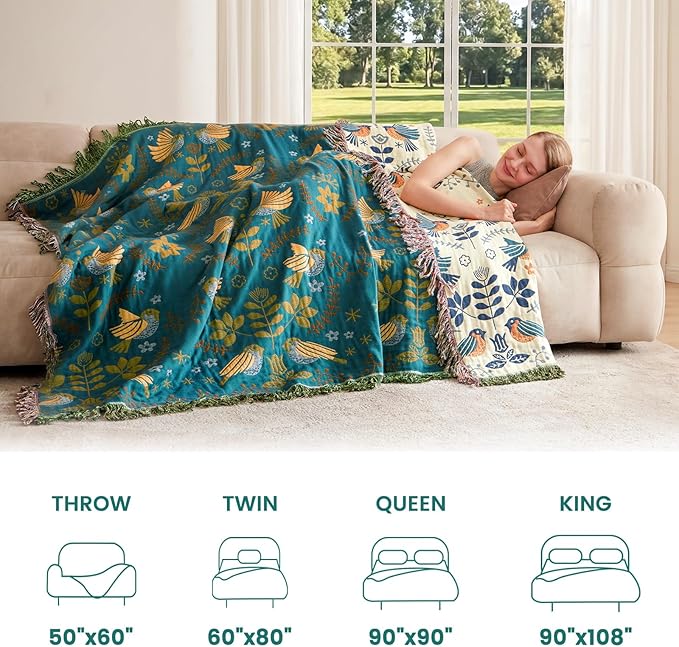 MSGKV Boho Throw Blanket 50"x60" Cotton Blanket for Couch & Living Room | 50"x60" Cotton Throw, Woven Bird Blanket, Living Room Decor, Summer Comfort, Decorative Throw, Sofa Cover, Machine Washable