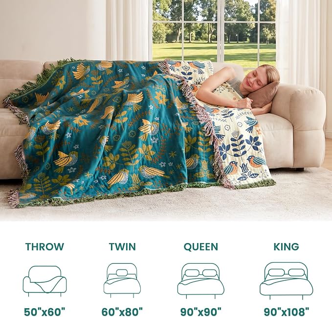 MSGKV Boho Throw Blanket 60"x80" 100% Cotton Bird Quilt for Bed & Couch | 100% Cotton Throw, Bird Quilt Design, Muslin Blanket, Summer Breathable, Farmhouse Decor, Lightweight, Machine Washable