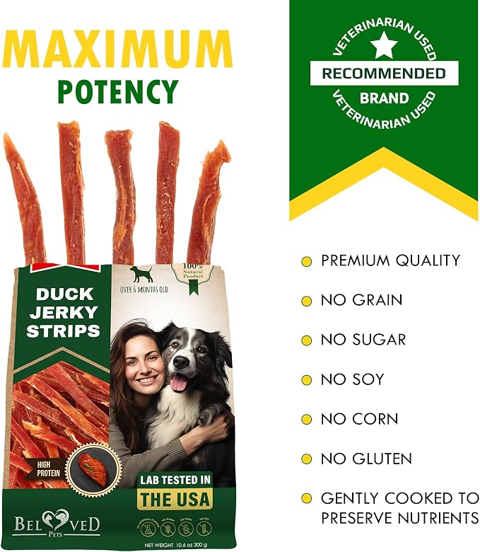 Beloved Pets Dog Treats Duck Jerky Strips - Human Grade Meat Sticks - Natural Pet Dried Snacks Rawhide - Free - Long Lasting Chews for Large & Small Dogs (10.6 oz (Pack of 1), Duck Jerky Strips)