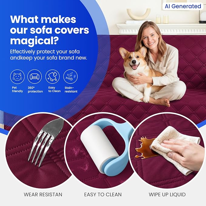 Waterproof Dog Bed Cover, Non-Slip Dog Blanket for Couch, Couch Covers for Dogs Washable, Pet Blanket for Furniture, Pet Bed Mat for Sofa, Car, Pet Supplies Christmas (82x82 Inch, Burgundy)
