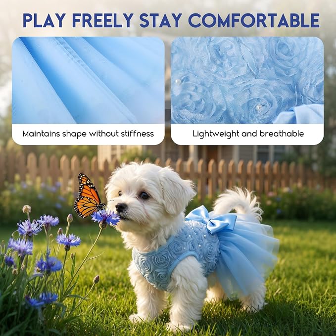 ASENKU Dog Dress Pet Wedding Dress Puppy Birthday Party Outfit, Blue XS | Dog Flower Girl Dress With Leash Hole, Princess Puppy Dress For Weddings, Daily Wear, Fits Small Medium Large Dogs Cats