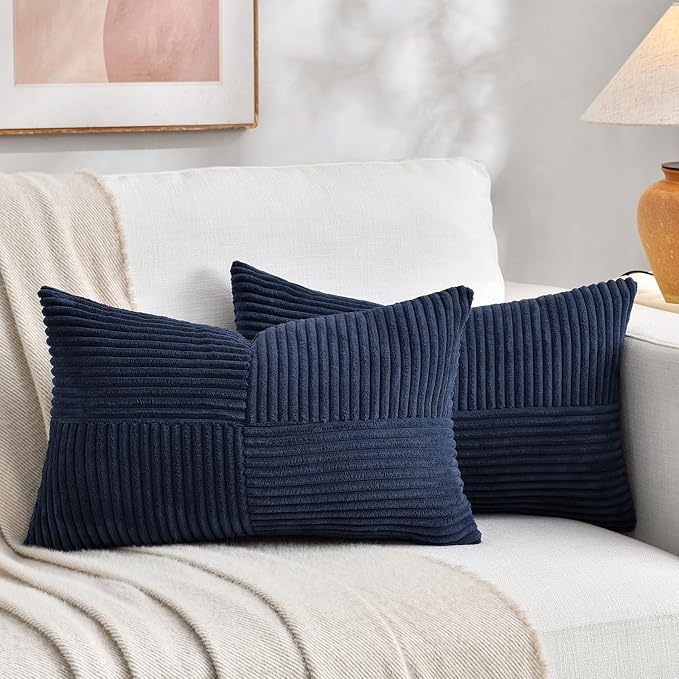 Fancy Homi Set of 1 Navy Blue Lumbar Decorative Throw Pillow Covers 14x24 Inch for Couch, Rustic Farmhouse Boho Home Decor, Soft Striped Corduroy Rectangle Accent Cushion Case 35x60 cm