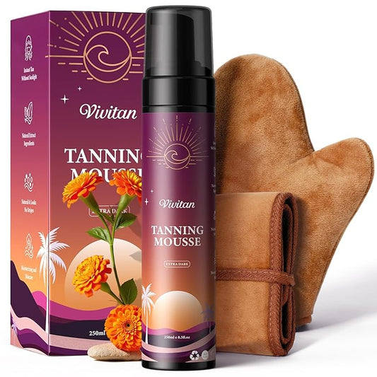 Self Tanner Mousse Kit - 250mL XL & Mitt & Strap | 1-Hour Express Dark Bronze + Plant 30% DHA for Long-Lasting Tan | No Orange Tones, Streak-Free & Odorless | Natural Sunless Glow