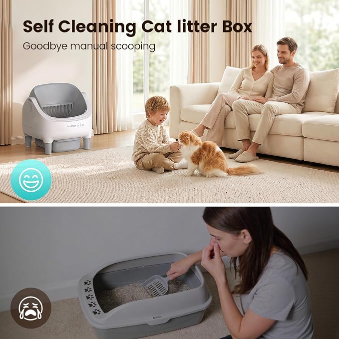 Invengo Self Cleaning Litter Box, Open Top Automatic Litter Box with App Control for Multiple Cats, Safety Sensors Protection, Odor Control Includes 2 roll Liners,Large Waste Bin, Warm Grey