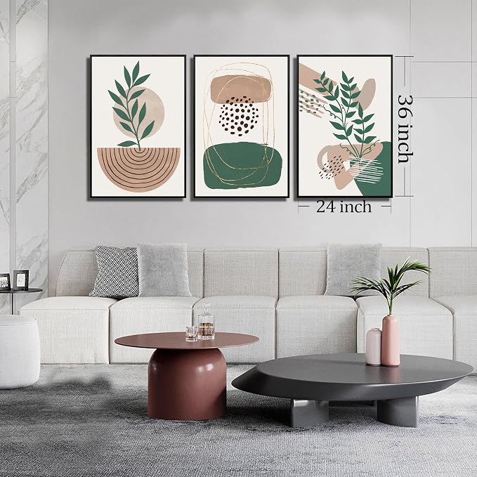 Framed Boho Wall Art for Living Room, Botanical Canvas Wall-Decor for Bedroom, Bohemian Minimalist Picture Prints, Size 24 x 36 Inches 3-Pieces