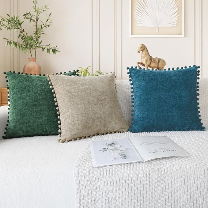 CaliTime Decorative Couch Throw Pillow Covers 20 X 12 Inches Taupe | Pack of 2, Cozy Chenille Cushion Cases, with Pom Poms for Sofa Bed Living Room Farmhouse Home