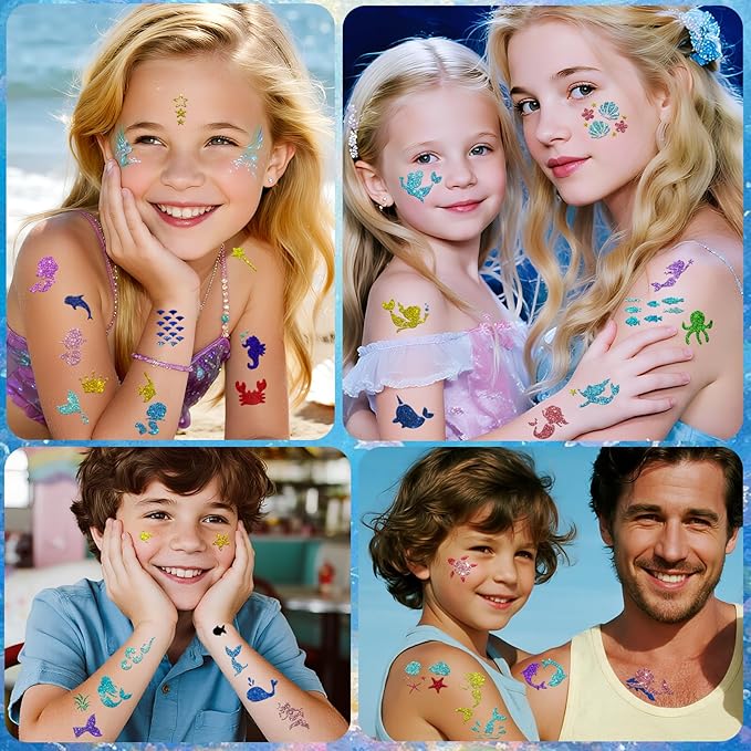 Yazhiji 167PCS Mermaid Temporary Tattoo Stencils, Face and Body Paint Stencils, Girl Boy Glitter Tattoos Pack for Kids School Show Birthdays Mermaid Christmas Party Favor Supplies