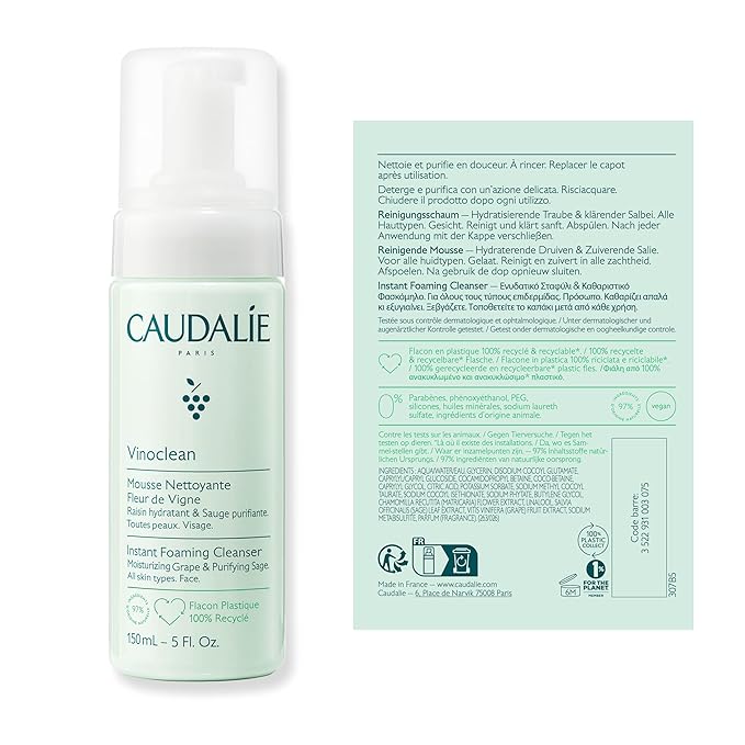 Caudalie Vinoclean Gentle Instant Foaming Facial Cleanser for All Skin Types - 150 mL (Pack of 2)