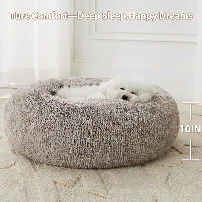 WNPETHOME Large Round Calming Dog Bed Cat Bed for Comfy Sleep | Large Cute Washable Puppy & Cat Bed with Fuzzy Plush, Fur Anti Anxiety Pet Bed Donut Cuddler (36x36x10In, Light Coffee)
