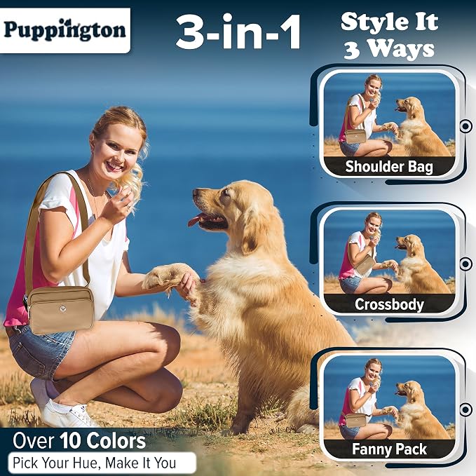 Puppington 3-in-1 Crossbody Dog Walking Bag & Treat Pouch with Matching Planet Safe Poop Bags & Built-In Dispenser - Dog Mom Gift for Puppy Training with Zippered Pockets (Latte Beige)